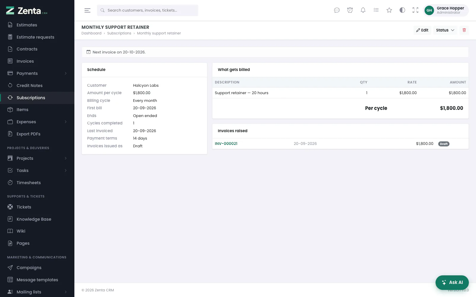 One subscription: its schedule, what it bills, and the invoices it has raised.