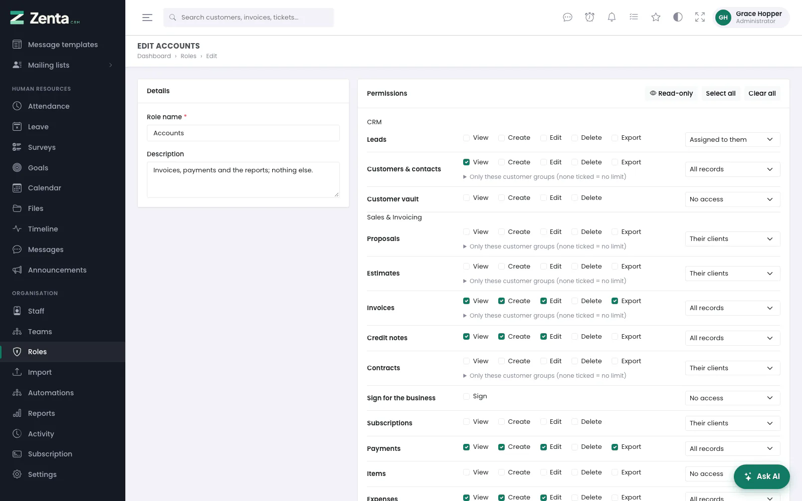 The role editor: a row per module, its abilities, and the scope at the end of the row.