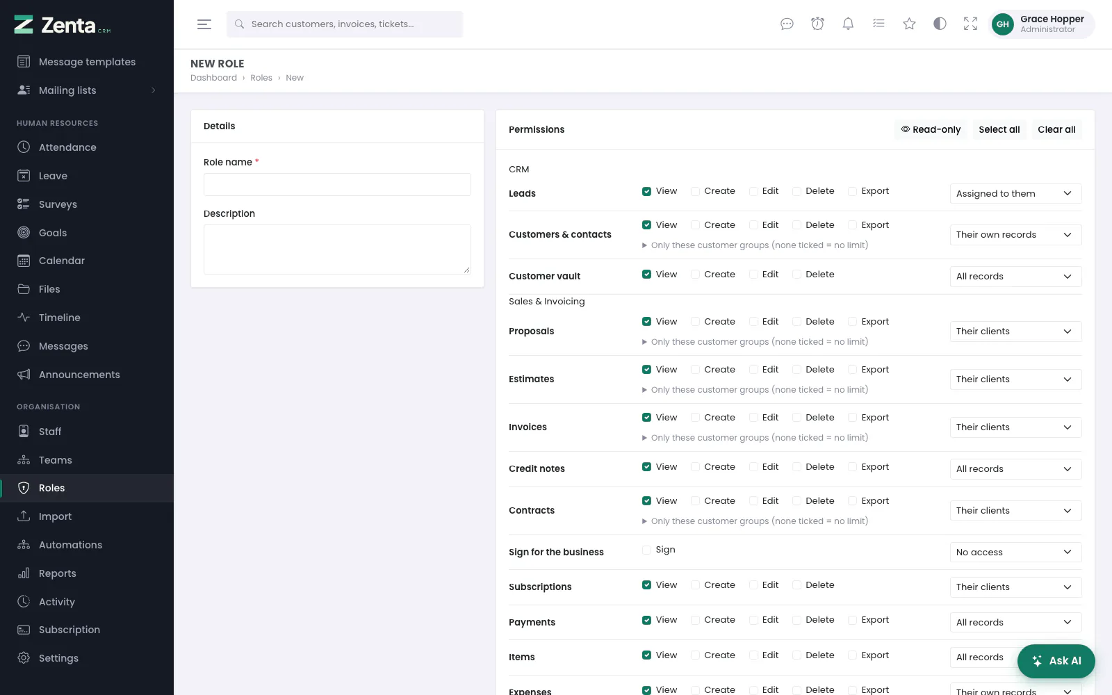 New read-only role: every View box ticked, outside the Organisation group.