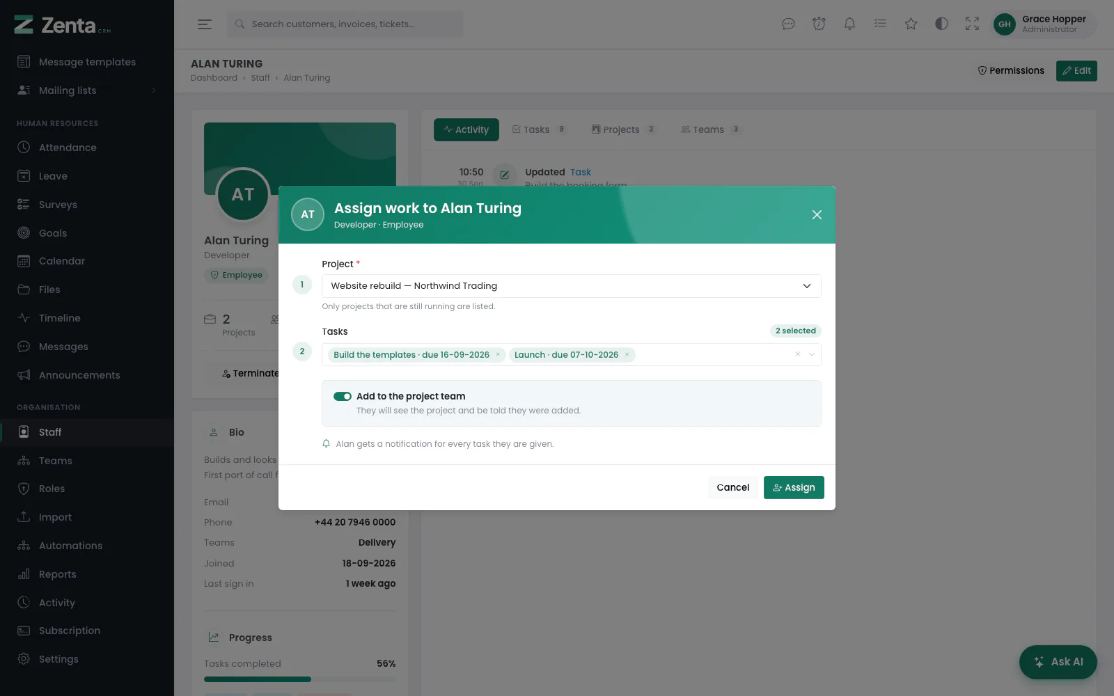 Assign: a running project, then any of its open tasks.