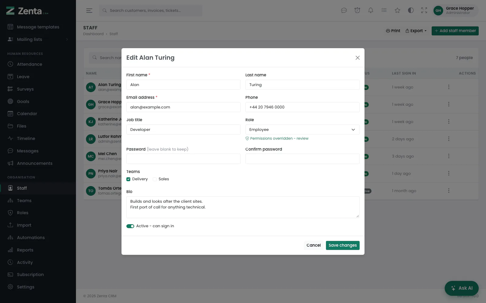 Editing somebody. The link under Role opens their permission overrides.