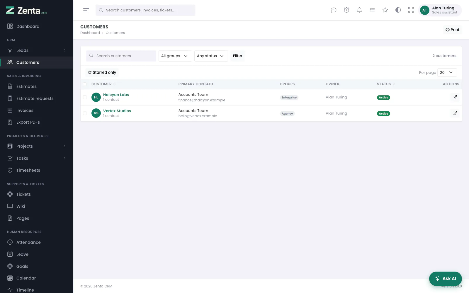 Customers on Their own records: the two accounts he owns, Print but no New customer and no Export.