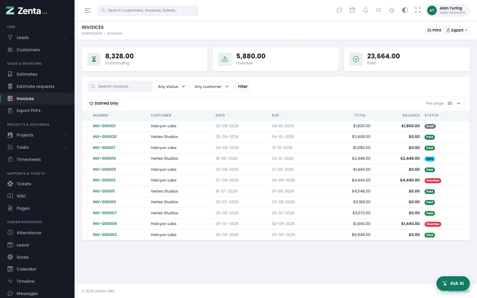 Invoices on Their clients: only the invoices of the two customers he works. View alone still offers Export, holding only PDFs in a zip.