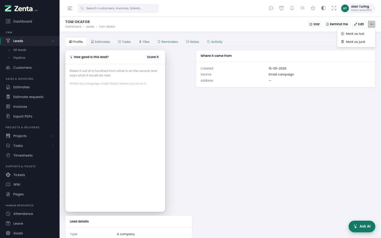 A lead without the Delete ability and without Create on customers: Edit and the menu are there, Delete and Convert to customer are not.