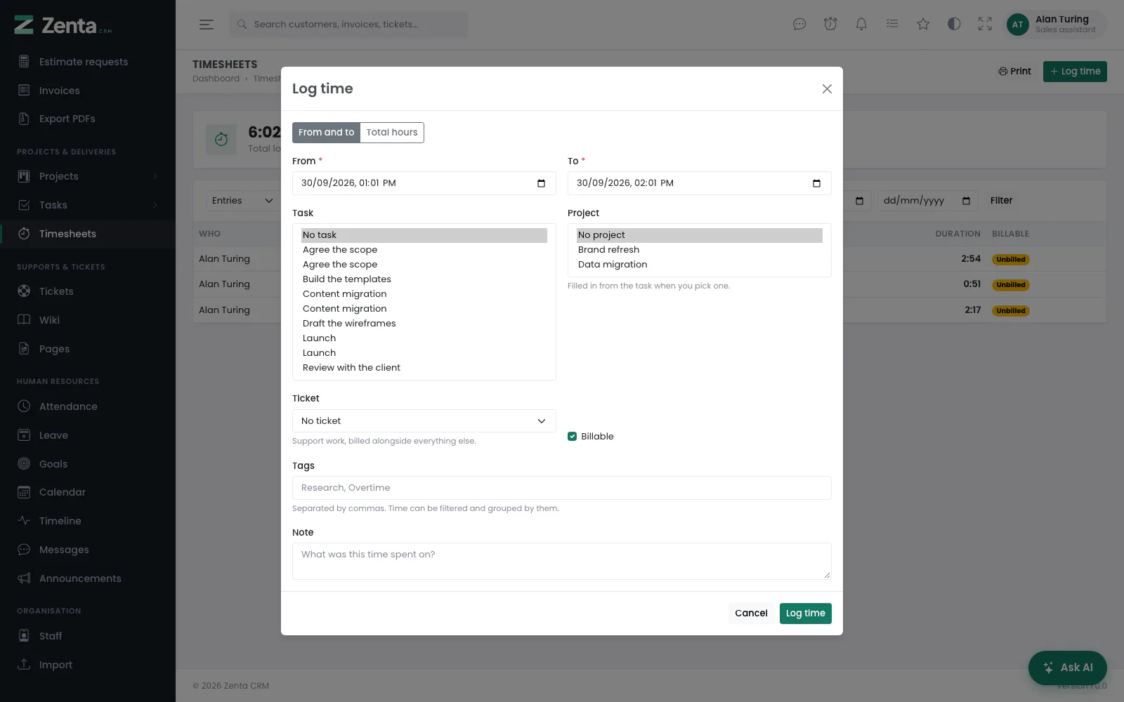 The Task and Project boxes opened out: only the tasks assigned to him and the two projects he is on.