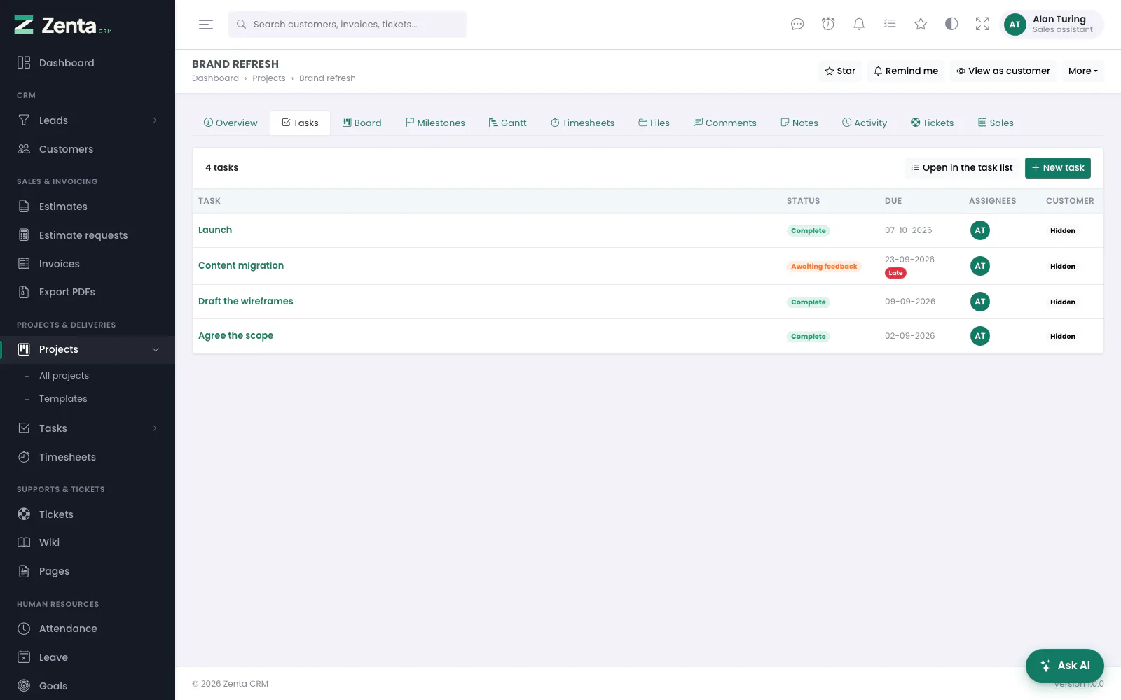 A project he is on, Tasks tab, with tasks on Assigned to them: only the project's tasks assigned to him. Colleagues' tasks, and a private task of somebody else's, are not in the list.