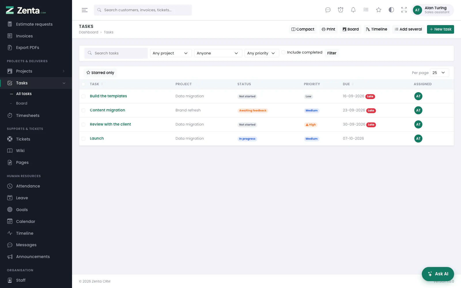 Tasks on Assigned to them: his open tasks across two projects. New task and Add several are there; there is no Export.