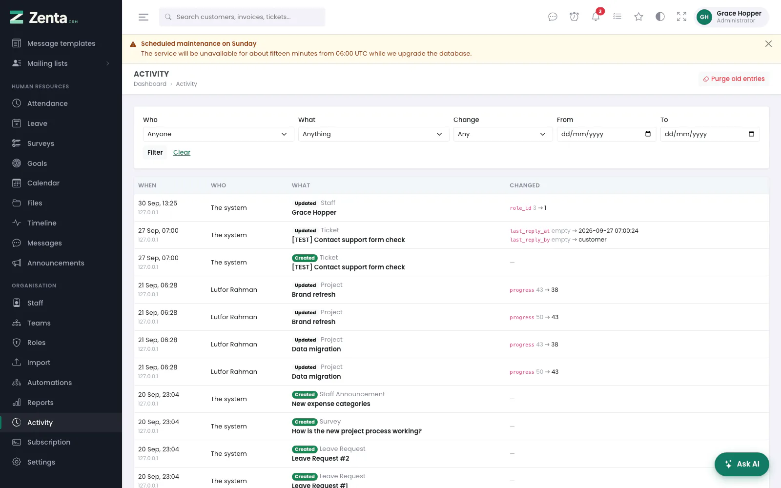 The activity log: when, who, what, and the before and after of each field.