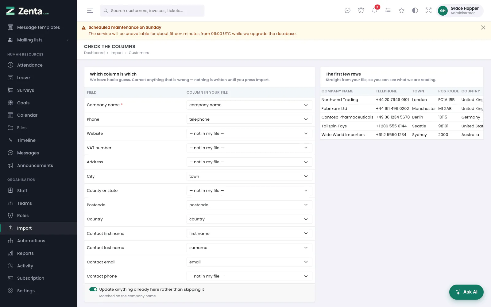 Check the columns: which column of your file goes into which field, and the first rows of the file.