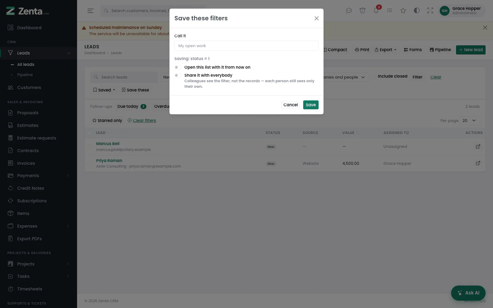 Save these filters: a name, and whether it opens the list and is shared.