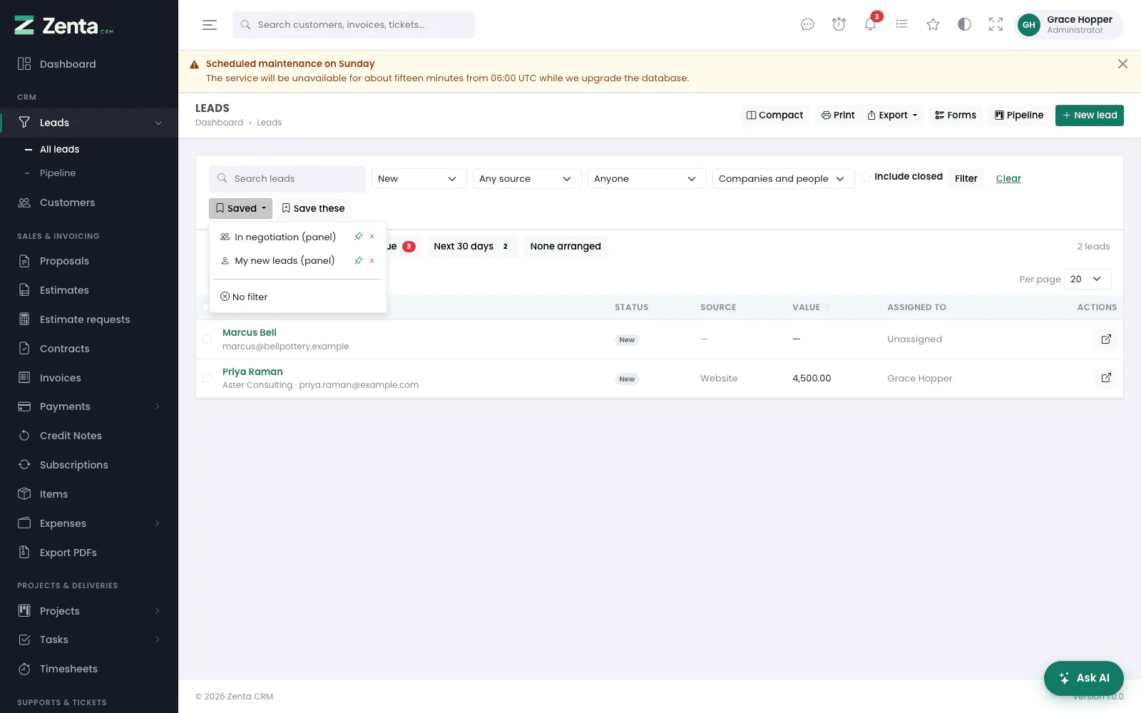 The Saved menu on the leads list: a shared filter, a personal one, and No filter.