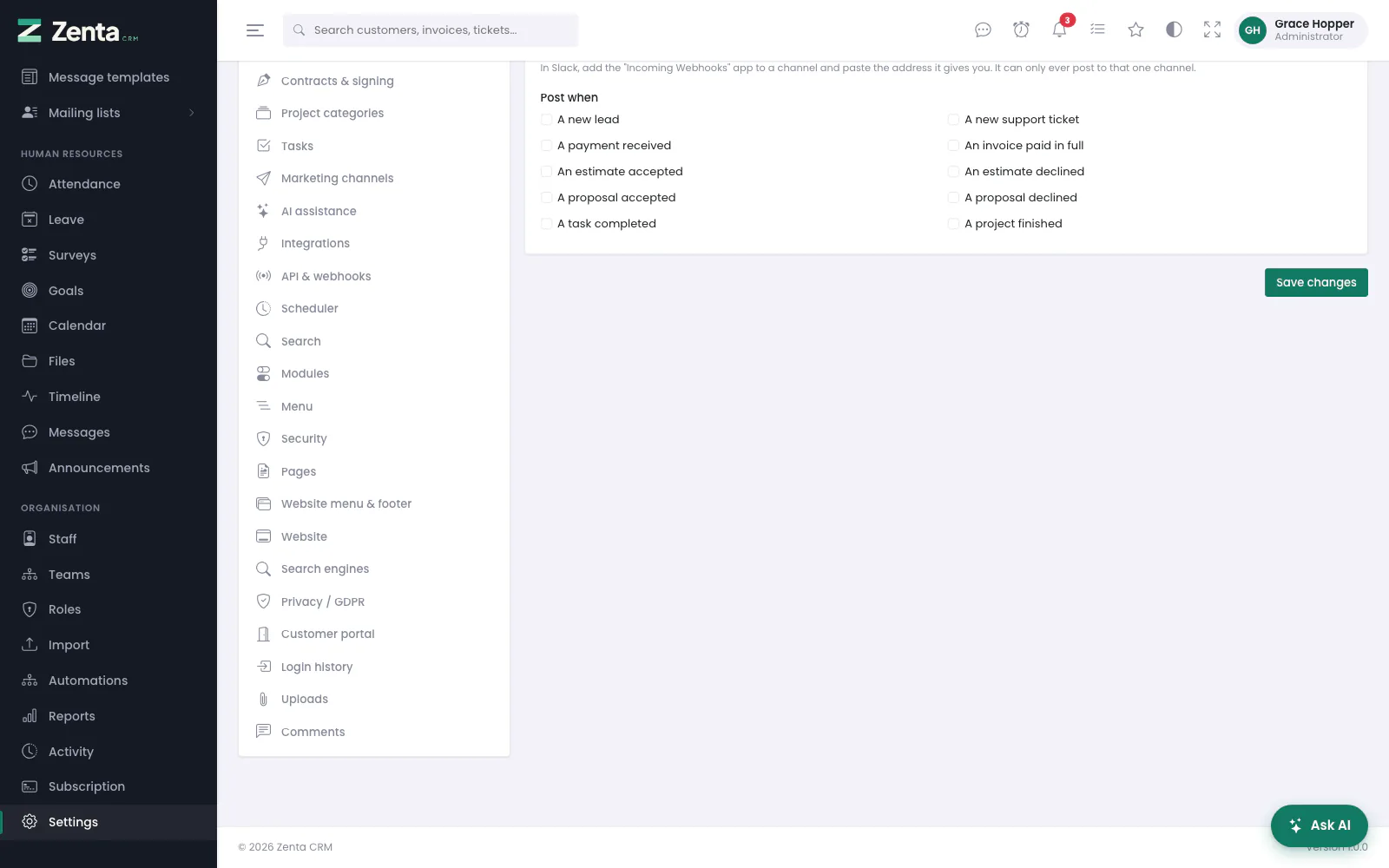 The Slack card: the webhook address and the events to post.