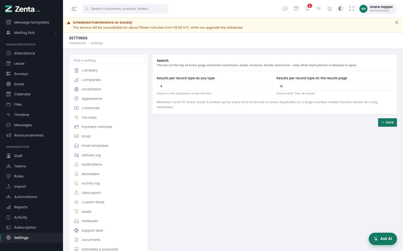 Settings → Search: how many results of each kind to show.