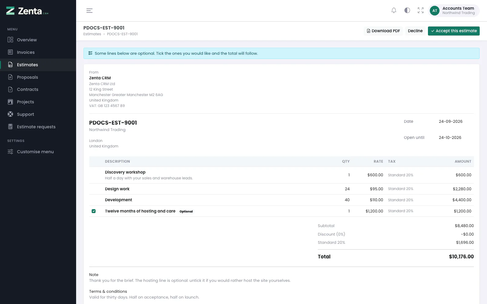 An estimate waiting for a decision. The hosting line is optional, so it has a tick box.