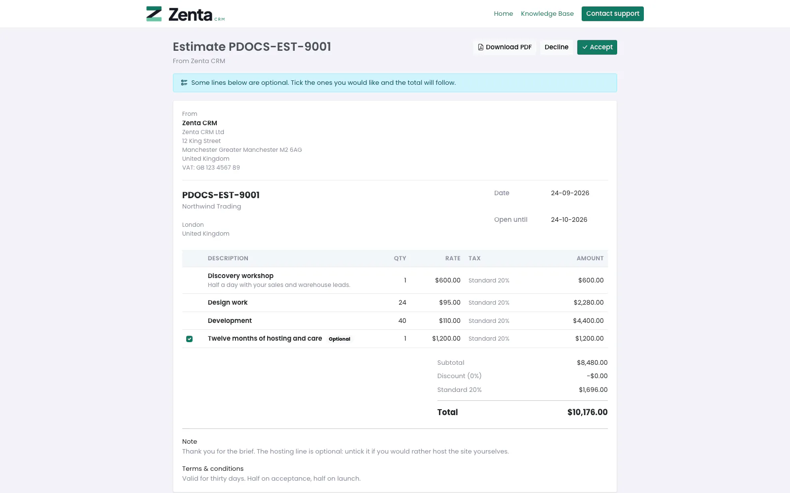 An estimate opened from its link: no account, no sign-in.