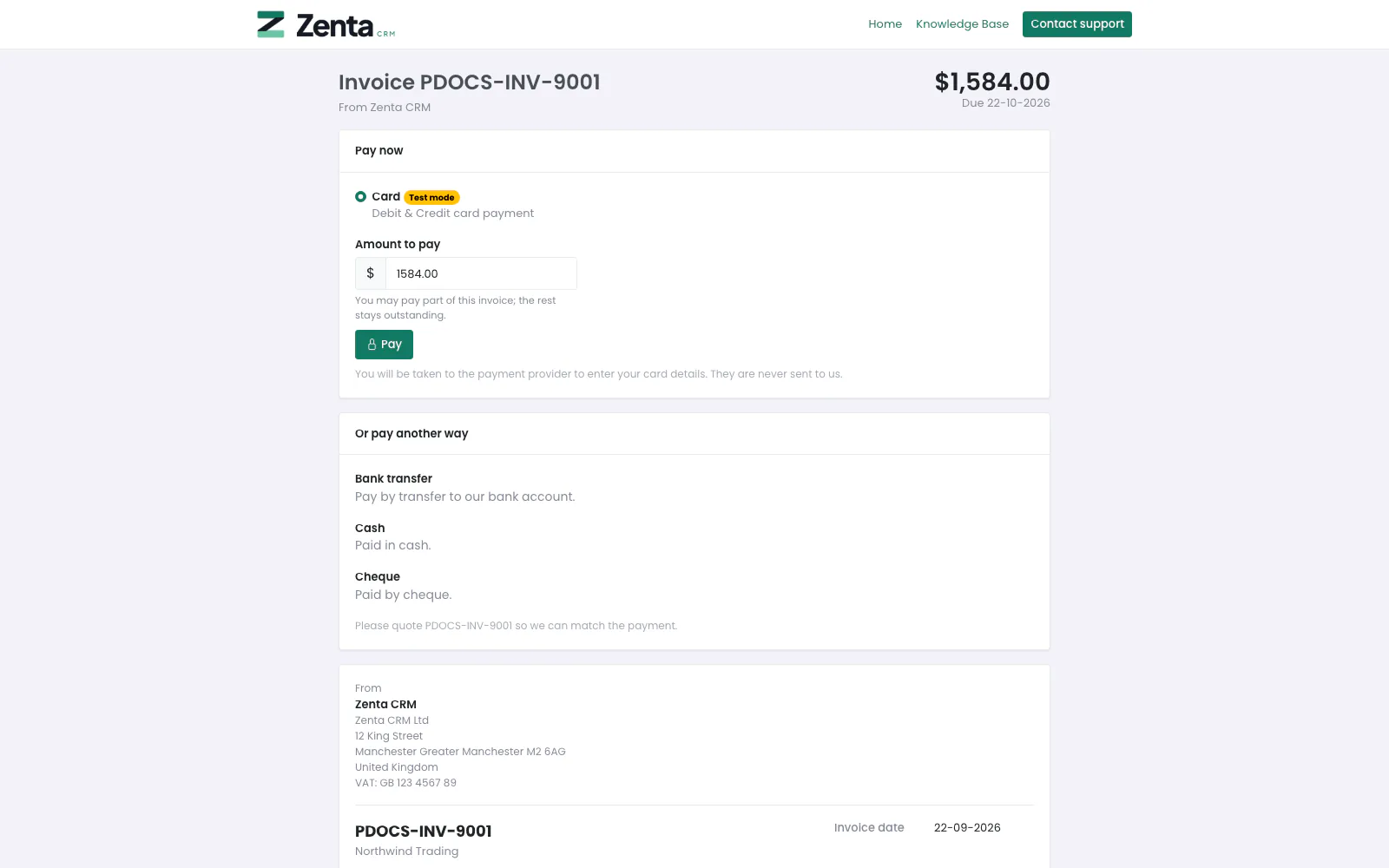 The public payment page: the outstanding balance, a card option, the bank details, and the invoice itself.