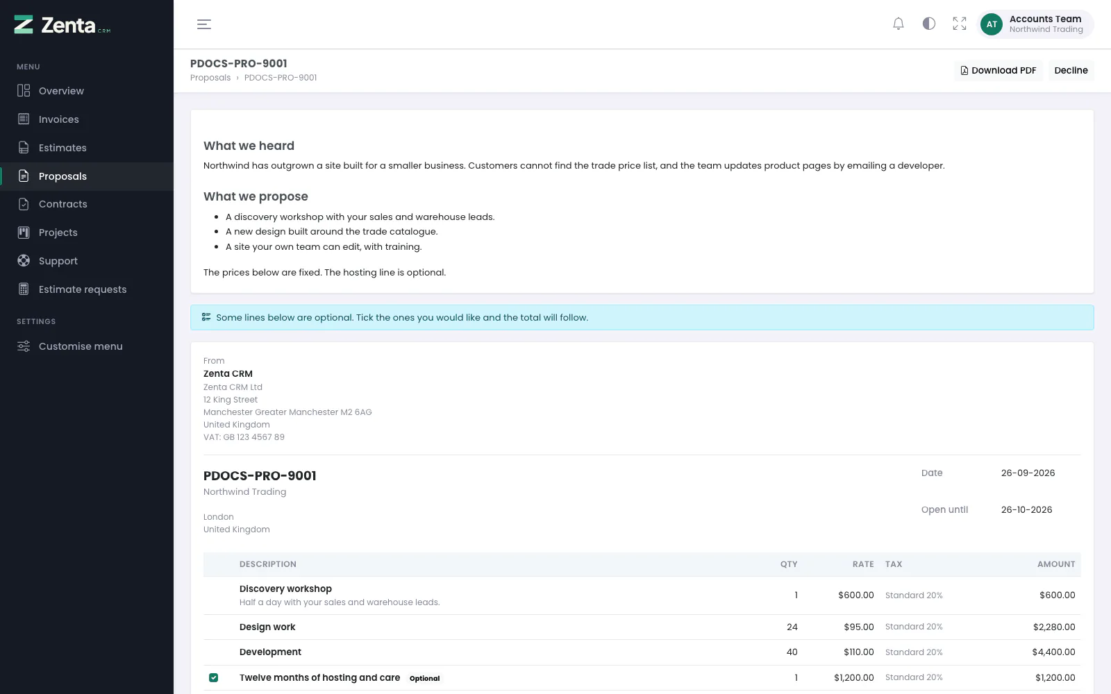 A proposal: your write-up first, then the priced lines.