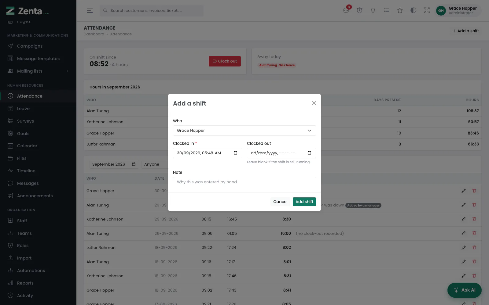 Add a shift: who, when they clocked in and out, and why it was typed in.