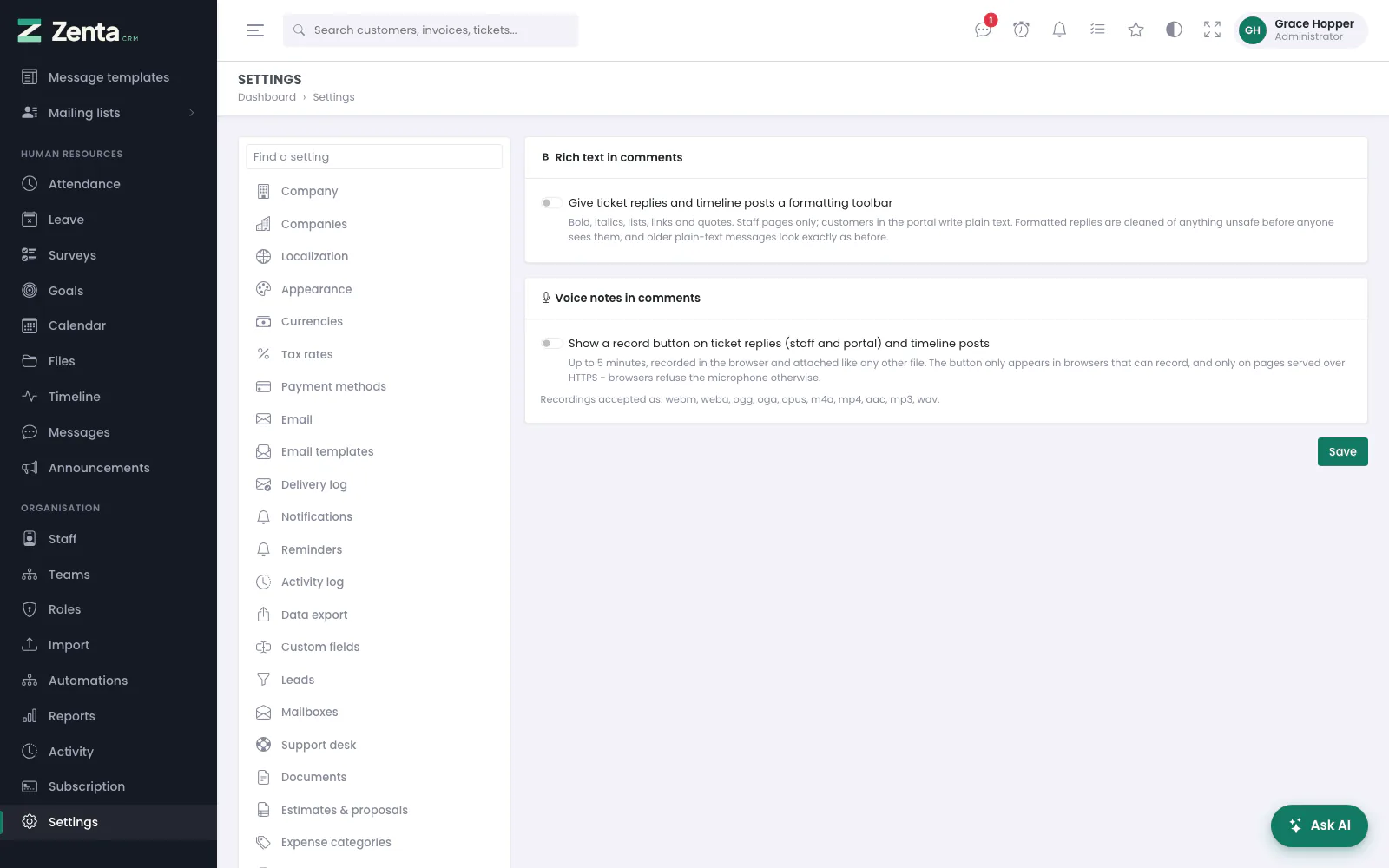 Settings, Comments: rich text and voice notes, both off by default.