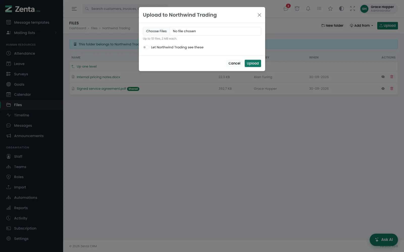 Uploading into a customer's folder, with the switch that lets the customer see the files.