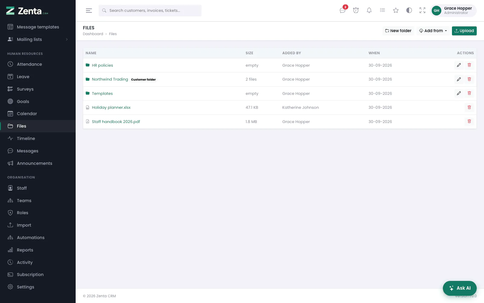 Files: folders first, then the files in this folder, with New folder, Add from and Upload.