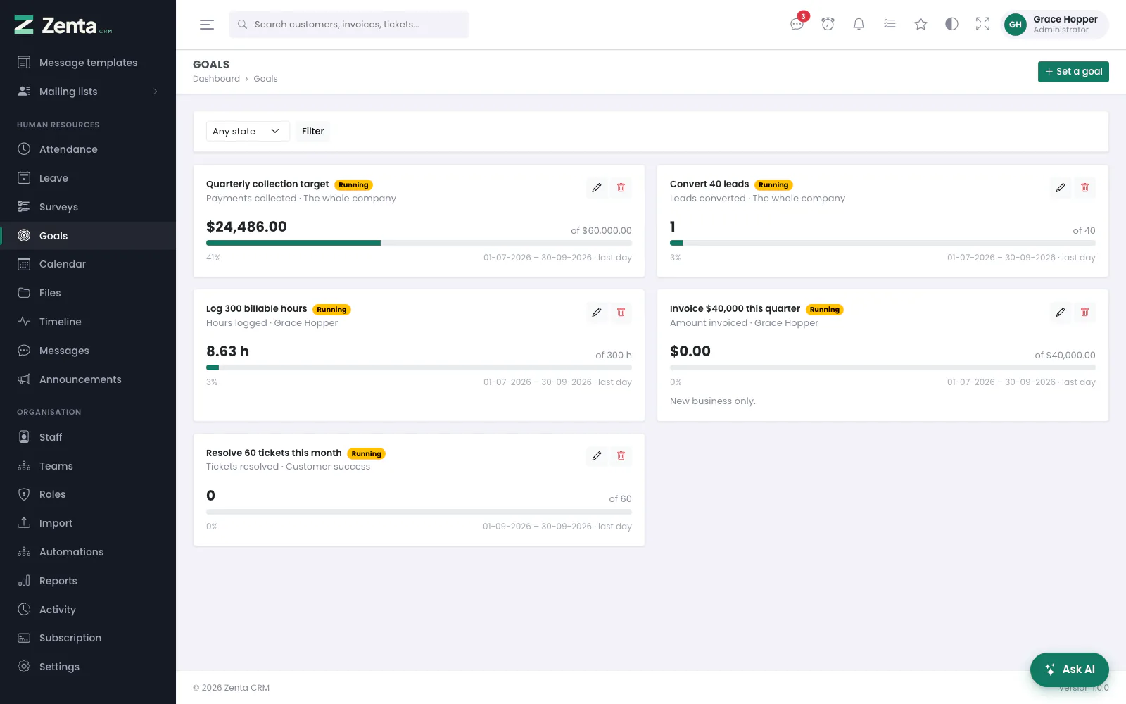 Goals: each one's progress, counted from the records, with its window and how many days are left.