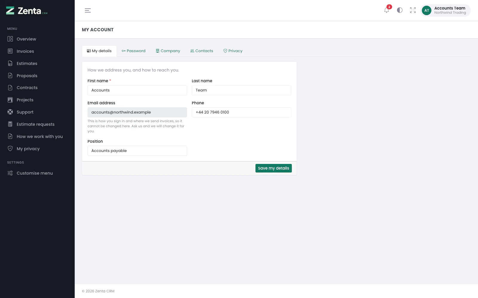 My account, opened on My details. The tabs along the top depend on what the business shows and on who you are.