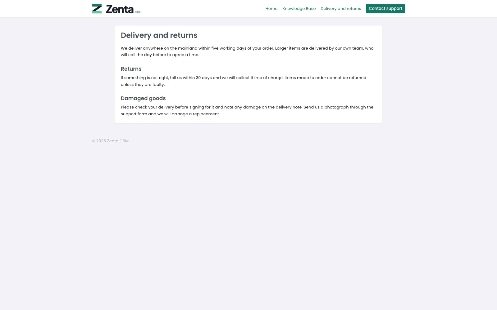 A page of the business's own, published to the public website and shown in the menu.