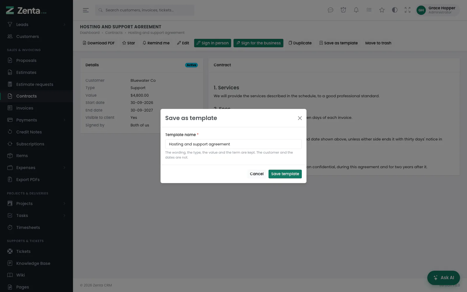 Save as template, from a contract's page.