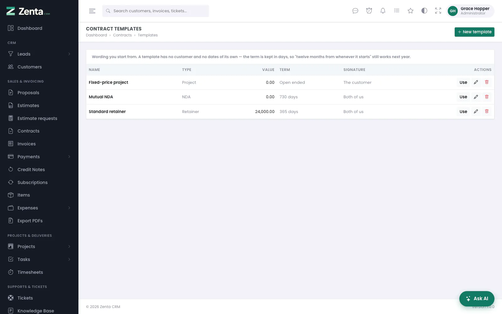 Contract templates, with their type, value, term and who signs, and Use to start a contract from one.