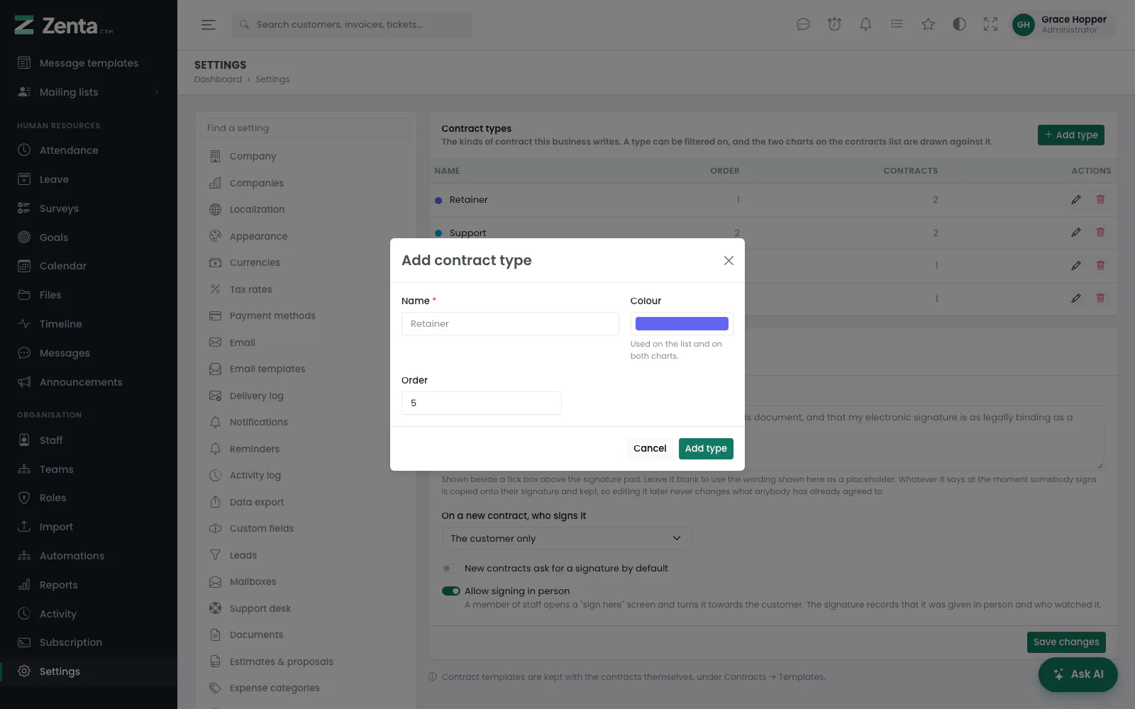 Add contract type: a name, a colour and an order.