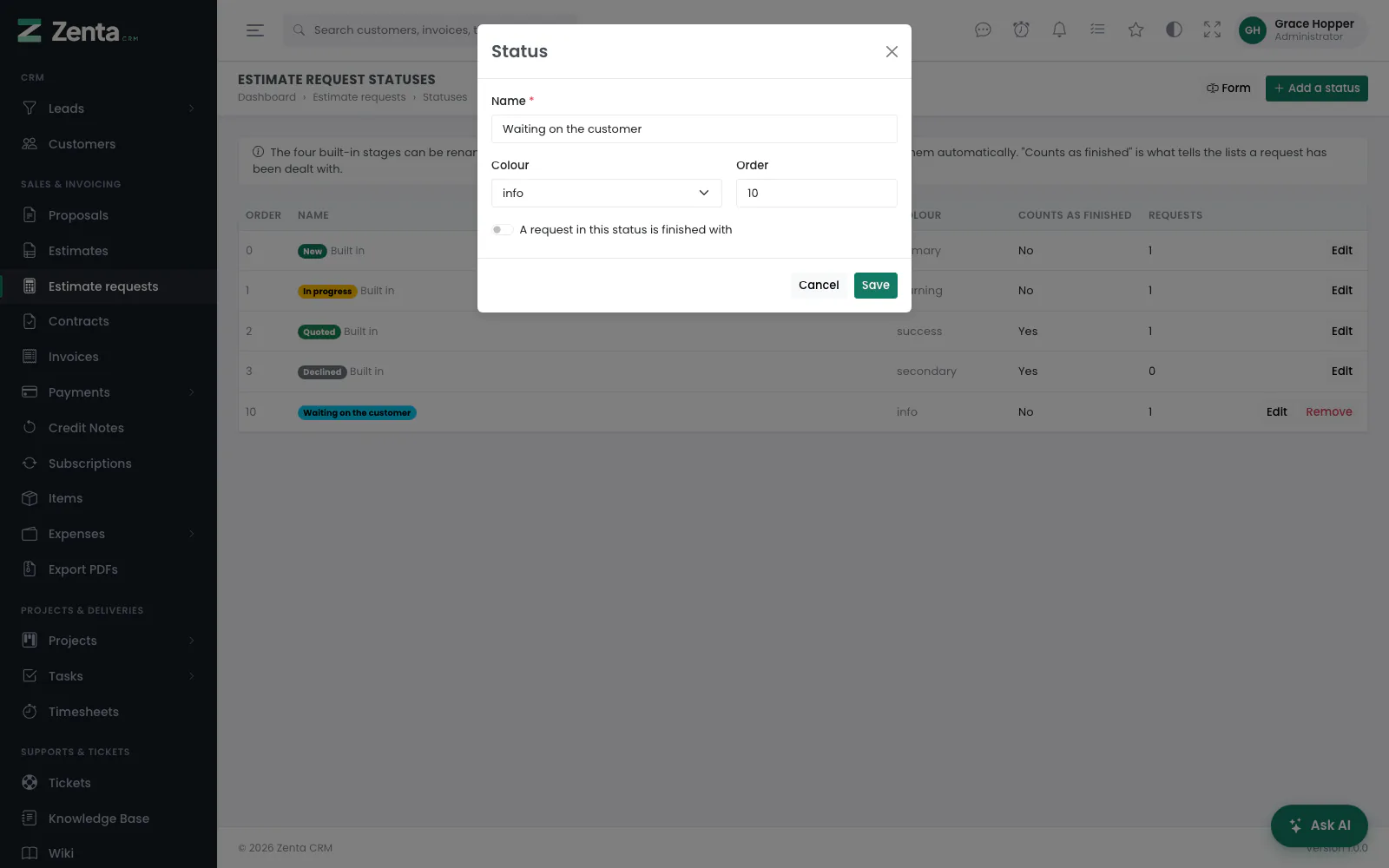 Editing a status: its name, colour, order, and whether a request in it is finished with.