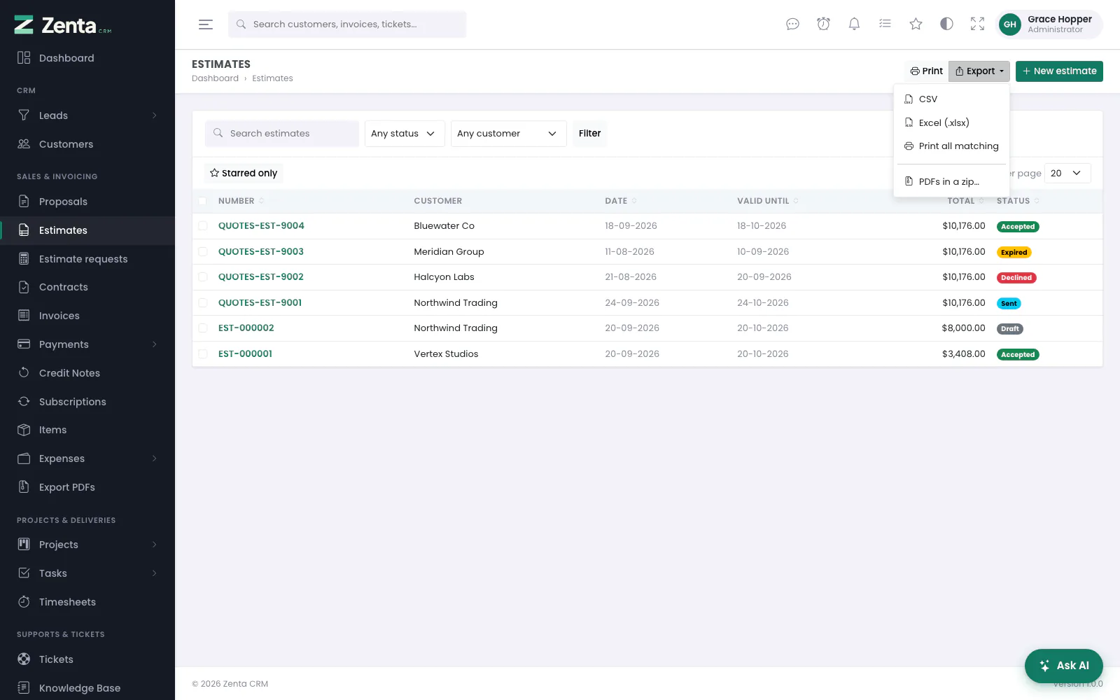 Export on the estimates list, with PDFs in a zip… at the foot.