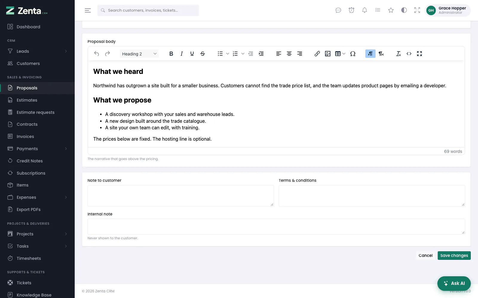 Further down the proposal form: the Proposal body in the formatting editor, then the notes.