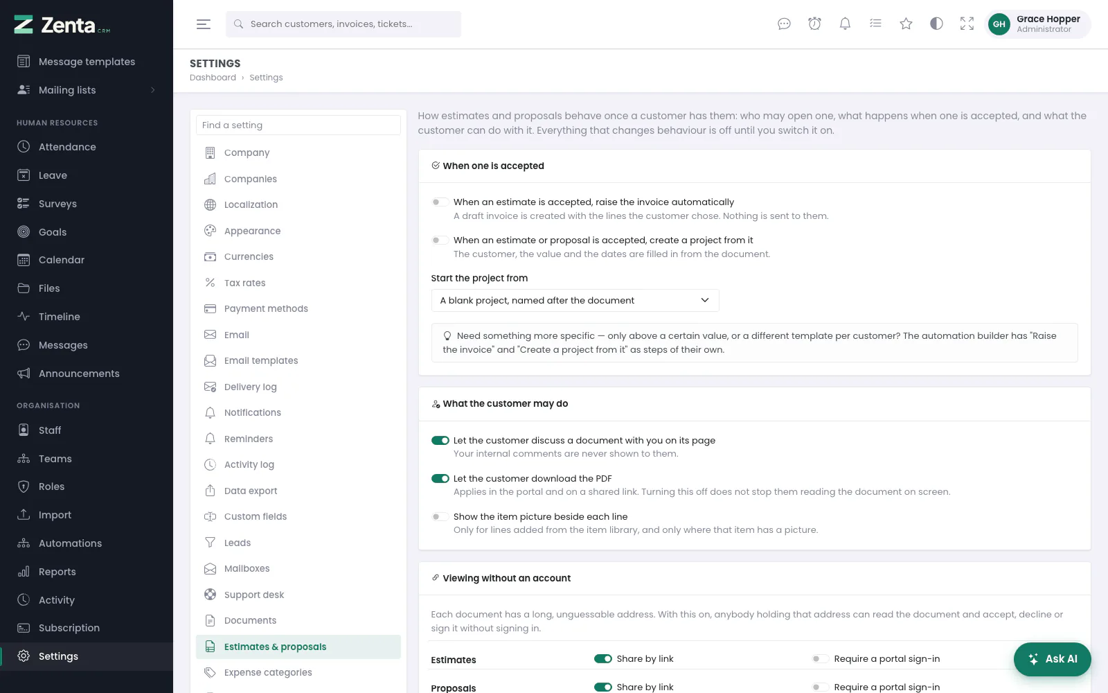 Settings → Estimates & proposals, here with the discussion and share-by-link switched on.