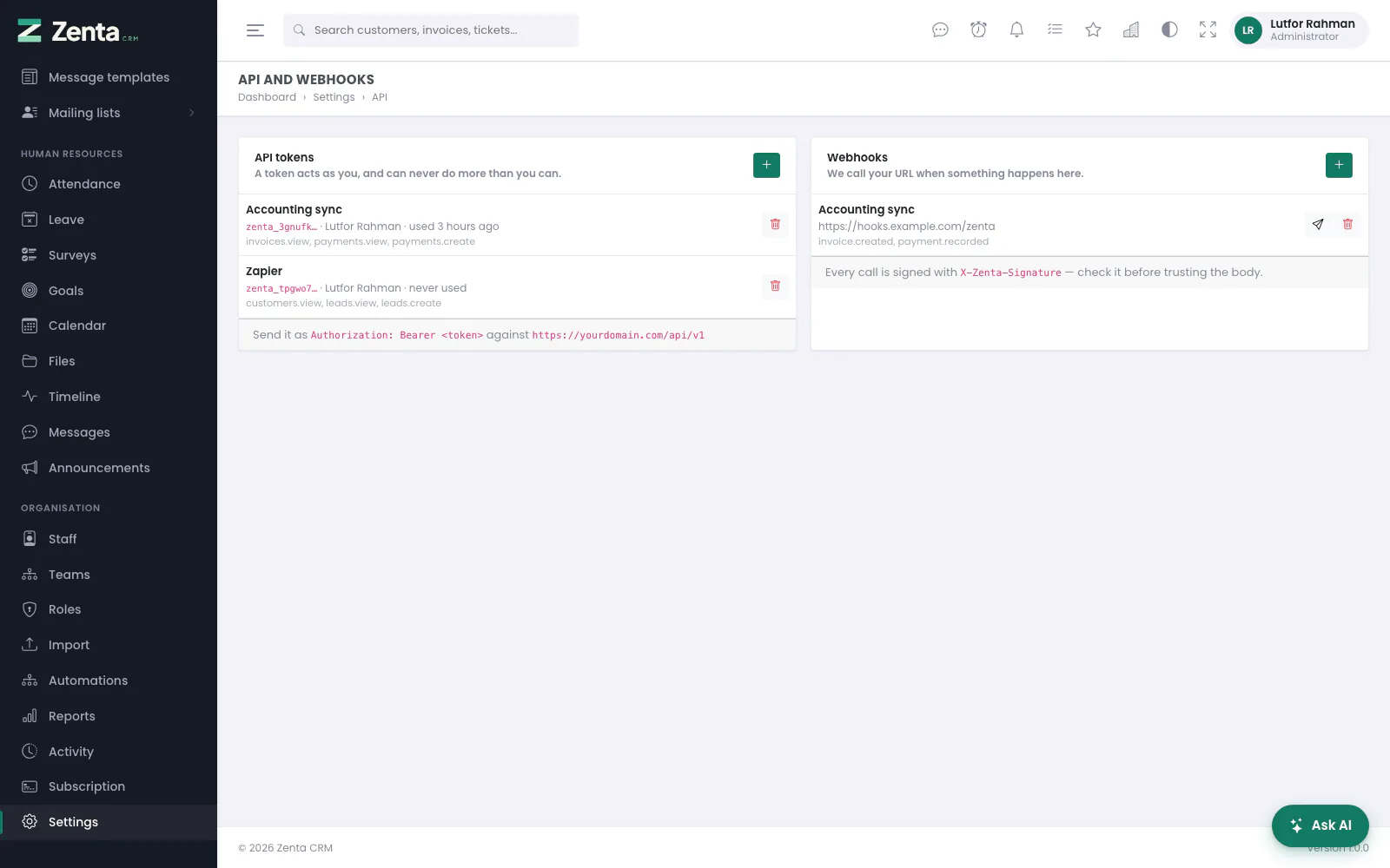 API tokens and webhooks, with what each token may reach.