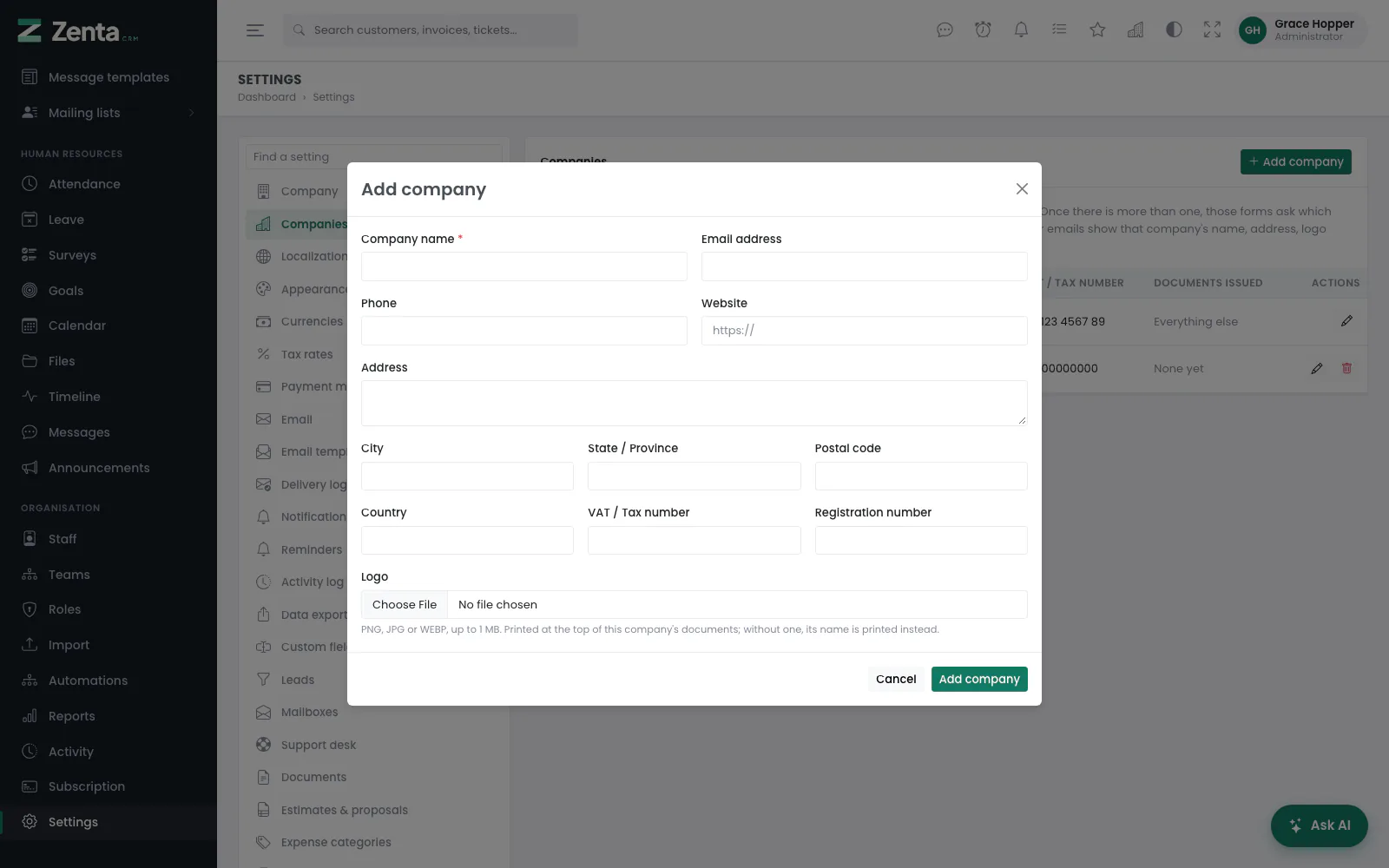 Adding a company.