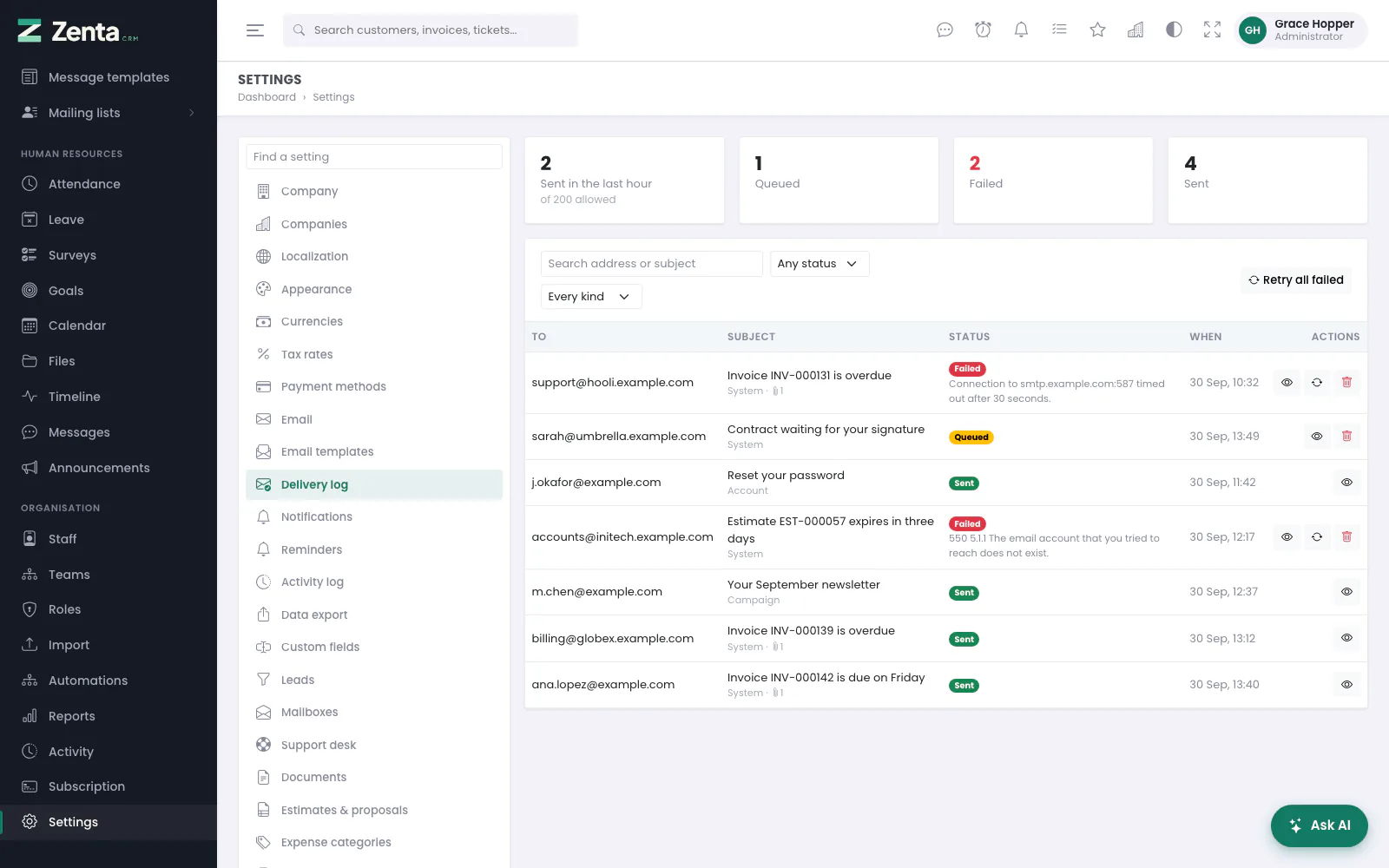 The delivery log: counts at the top, then every message, newest first.