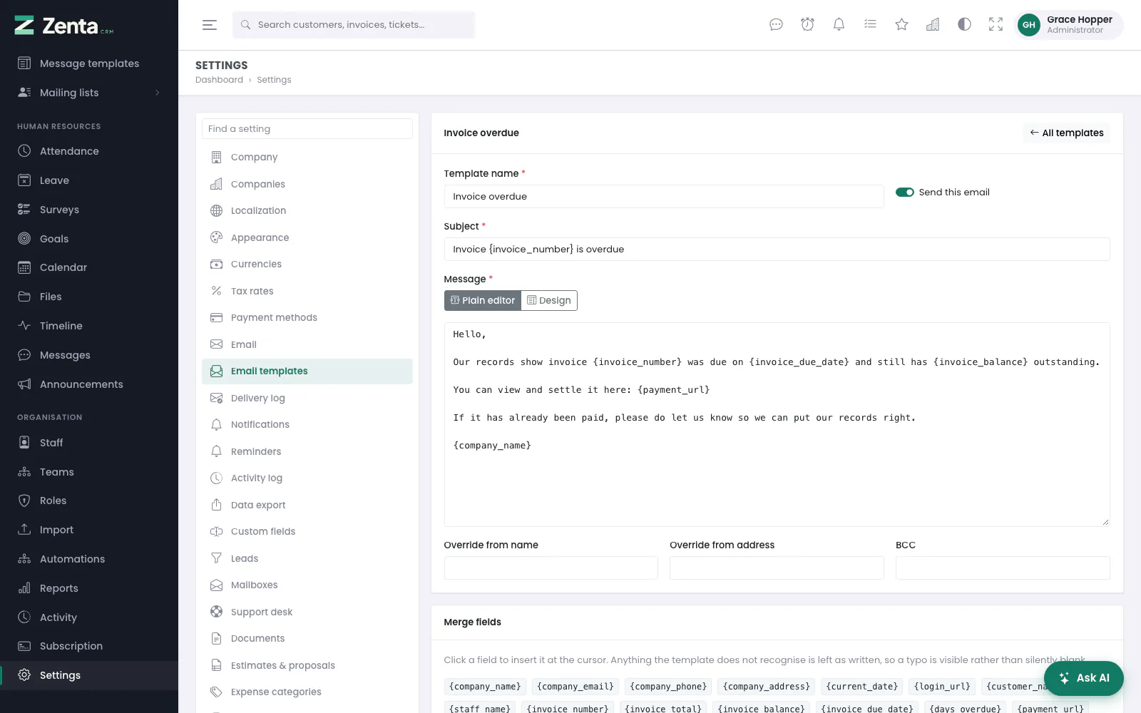 Editing a template. The merge fields it understands are listed below the form.