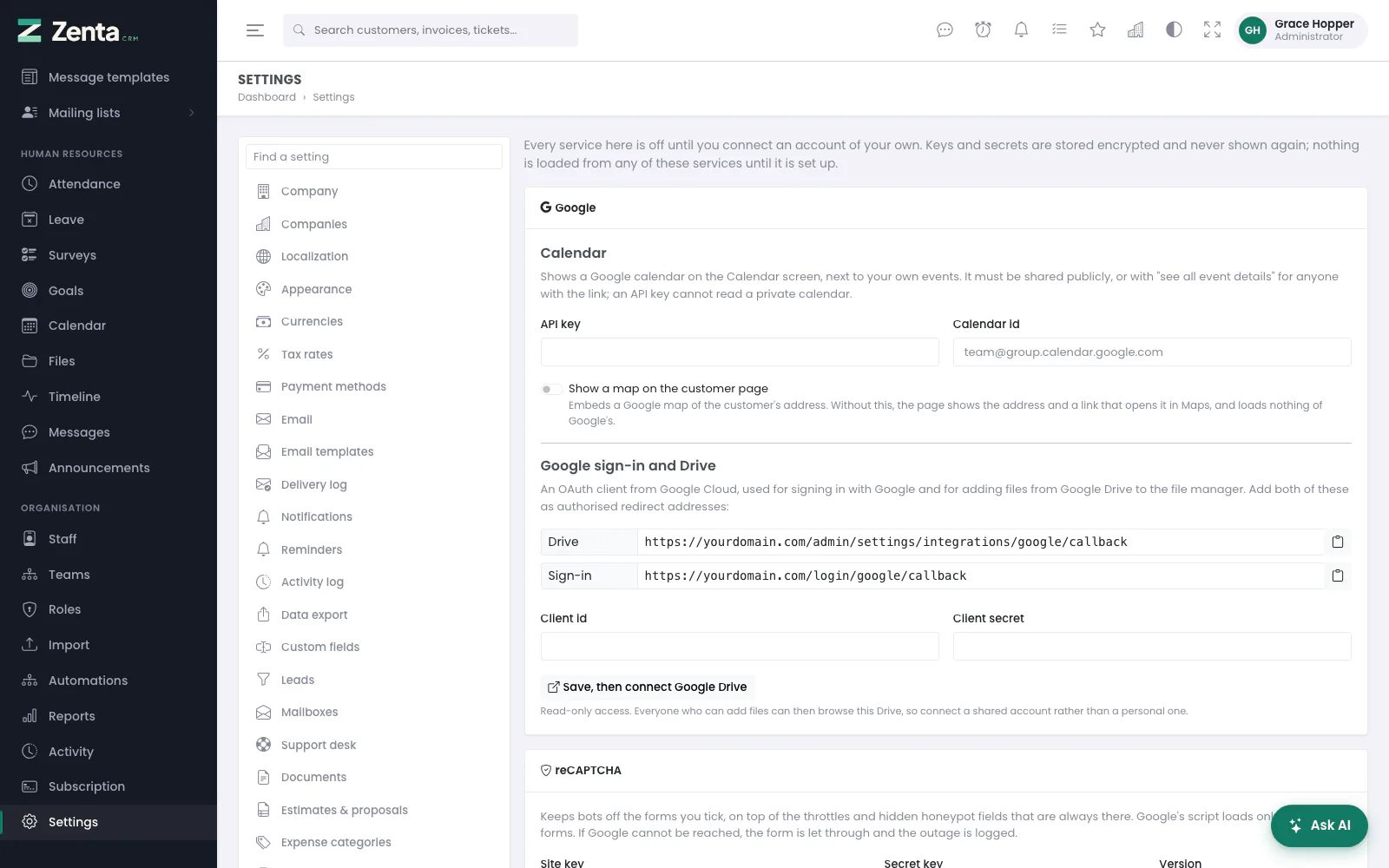 Integrations: the Google card first, with the calendar, the customer map, sign-in and Drive.