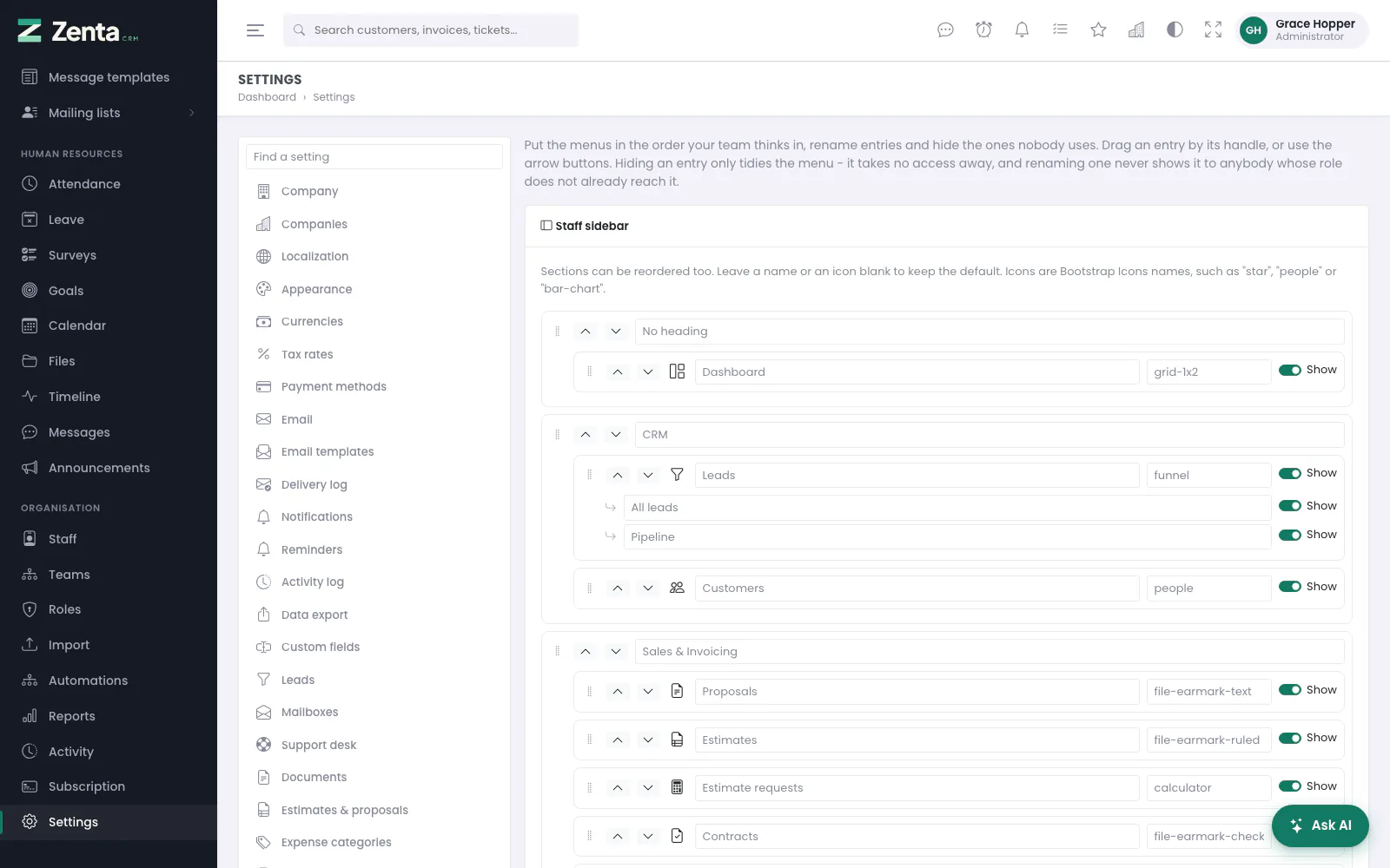 The menu editor: order, headings, icons and what to hide.
