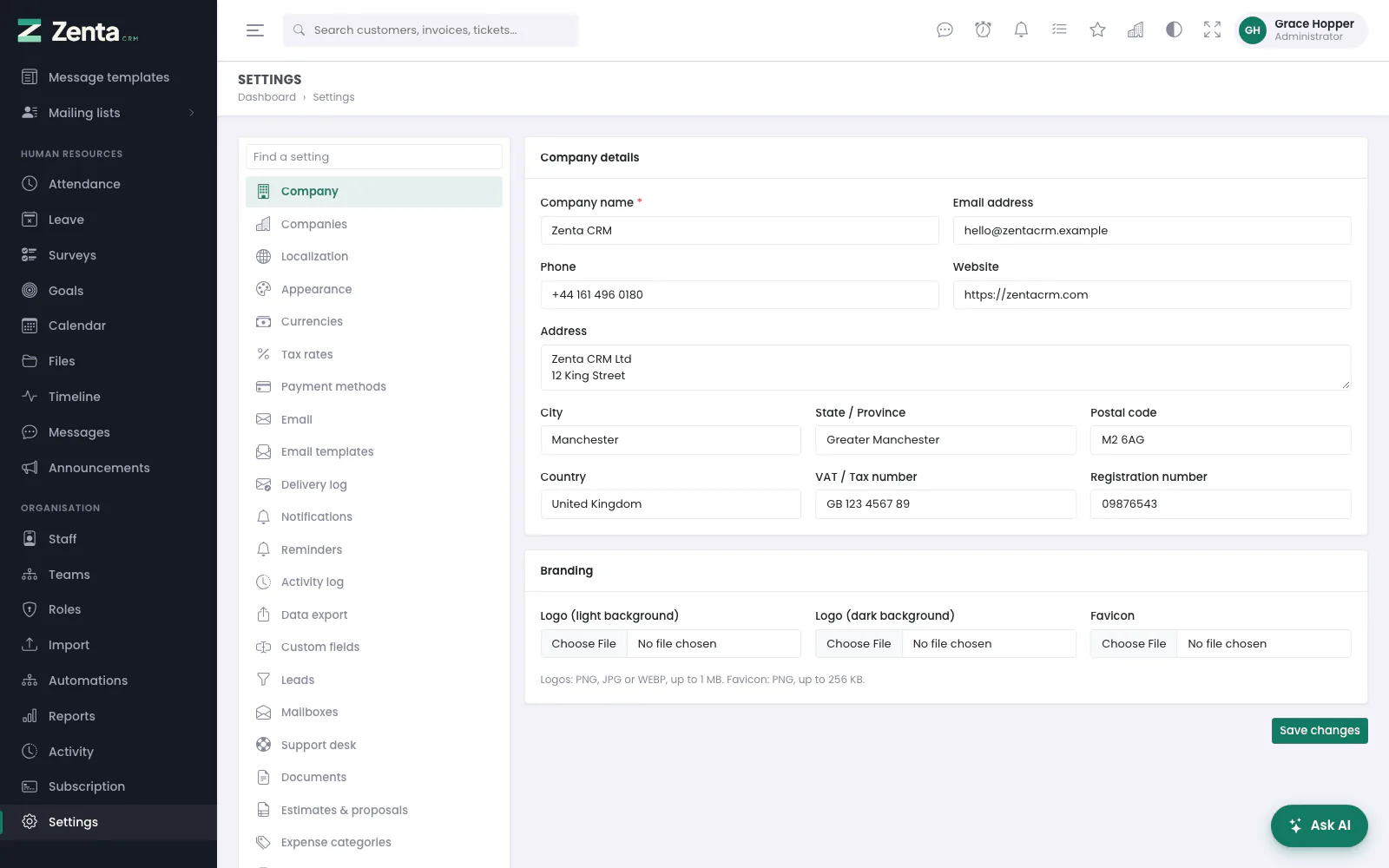 Settings opens on the company details, with every other settings screen listed down the left.