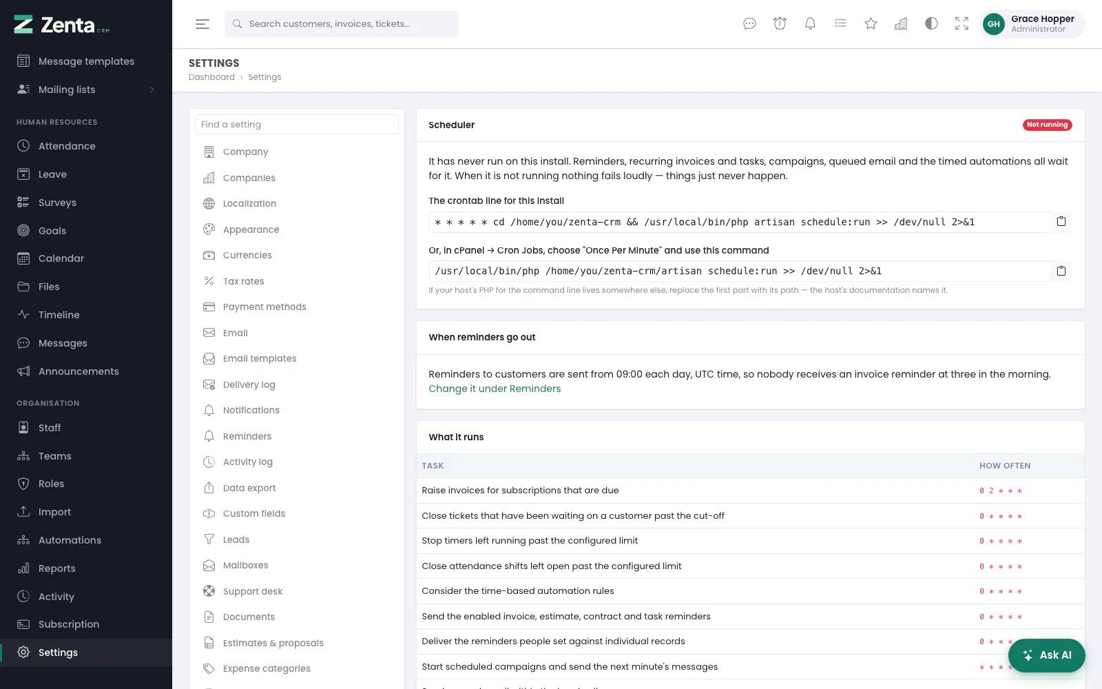 The scheduler: whether it is running, the line to add, and every task it runs with its timing.