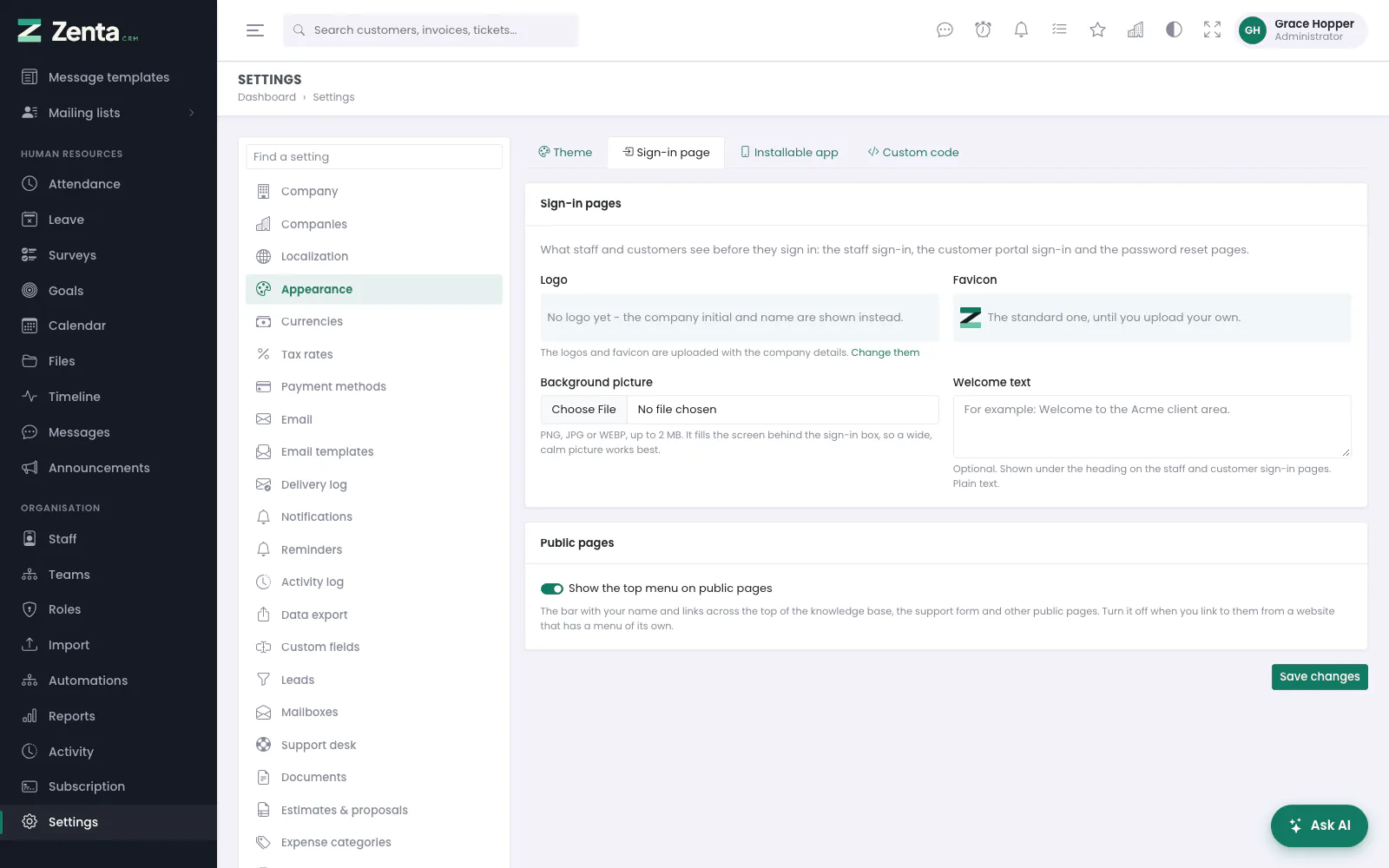 The sign-in page tab: what staff and customers see before they sign in.