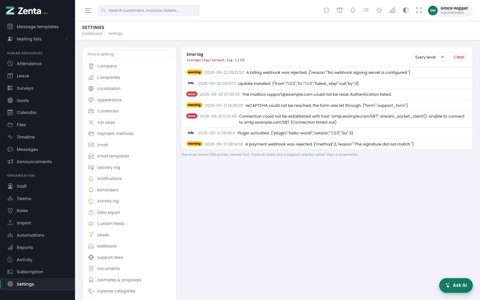 Settings → Error log: the end of the application's log file, newest first.