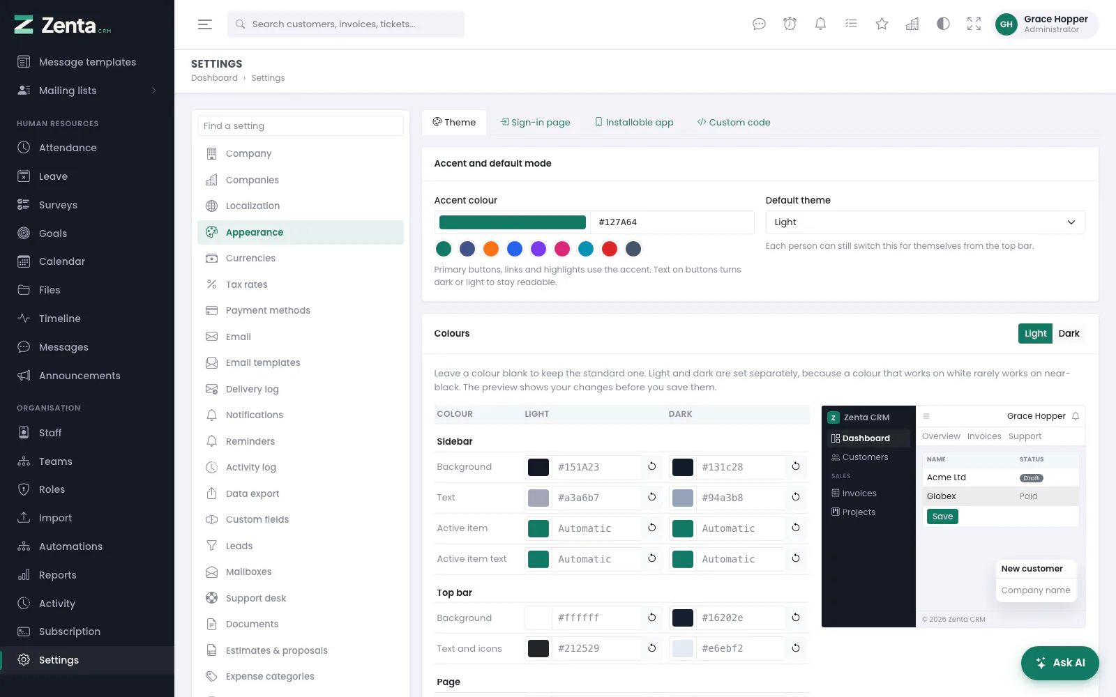 The theme editor. Every colour is a token, so the whole interface follows.