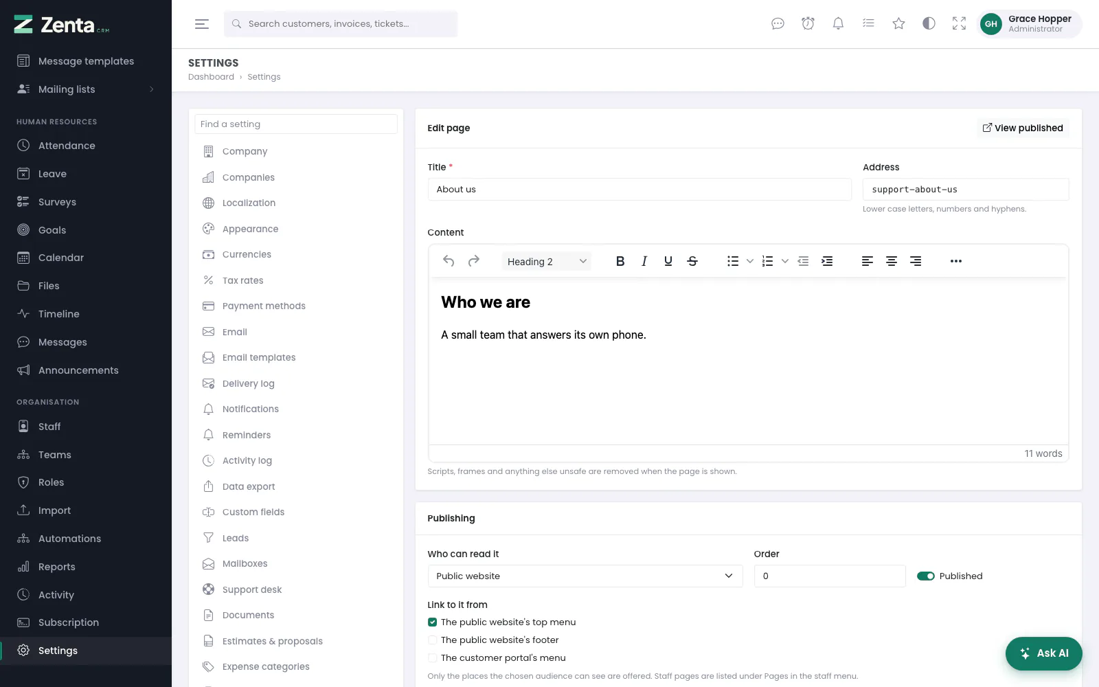 Editing a page: title, address and content, then who can read it and where it is linked from.