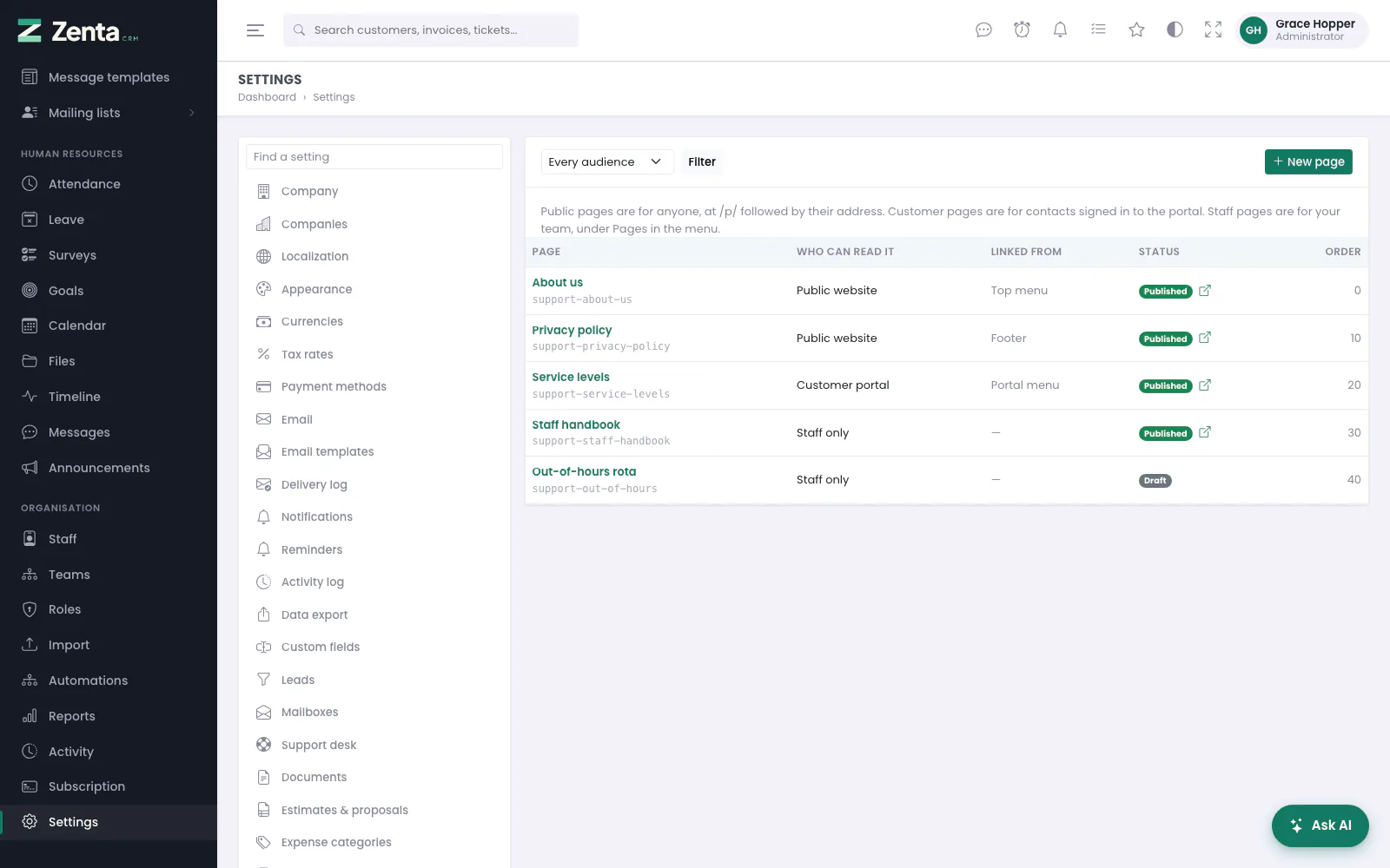 Settings → Pages: every page, who can read it, where it is linked from, and whether it is published.