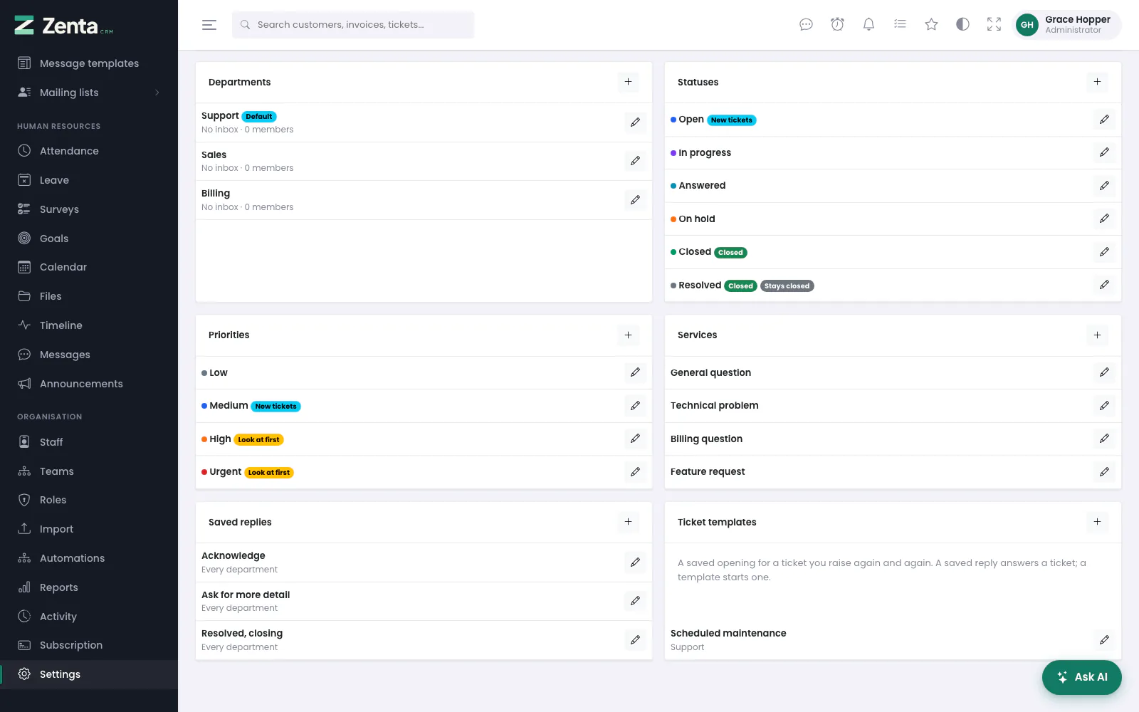 The Support desk screen, under How the desk behaves: departments, statuses, priorities, services, saved replies and ticket templates.