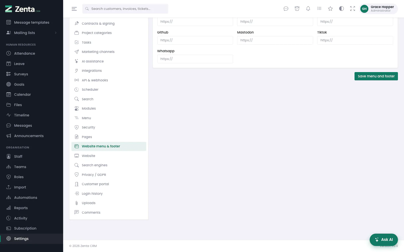Further down: the social links, and Save menu and footer.